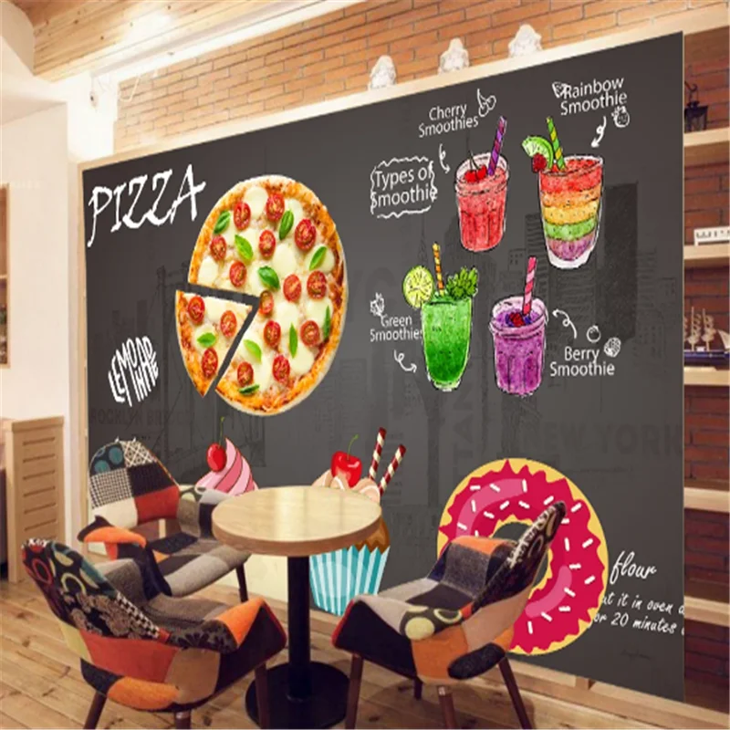 Custom Doughnuts Fast Food Restaurant Industrial Decor Wooden Wall Background Mural Wallpaper 3D Pizza Snack Bar Wall Paper 3D