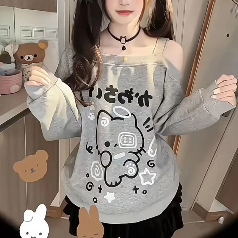 اليابان ثقافة فرعية المحملة المرأة القط طباعة مثير قبالة الكتف تي شيرت طويل الأكمام Harajuku Y2K الأسود Perppy نمط رداء علوي غير رسمي