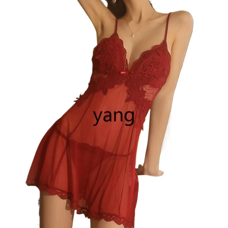 

LMM pajamas women's lace two-piece set small chest summer black suspender mesh nightdress