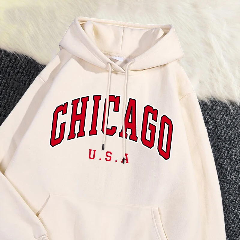 Casual Woman Hoodie Chicago Usa City Letter Graphic Printing Pullover Fleece Comfortable Pocket Sweatshirt Autumn Streetwear