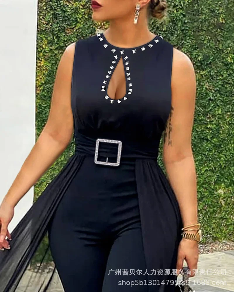 Women One Piece Sexy Solid Overalls Round Neck Sleeveless Rivet Tight High Waist Belt Rompers Sheath Long Pants Jumpsuits