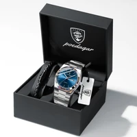 POEDAGAR, reloj de pulsera informal a la moda para hombre, resistente al agua, luminoso, con fecha y semana, relojes para hombre de negocios de cuarzo de acero inoxidable + caja