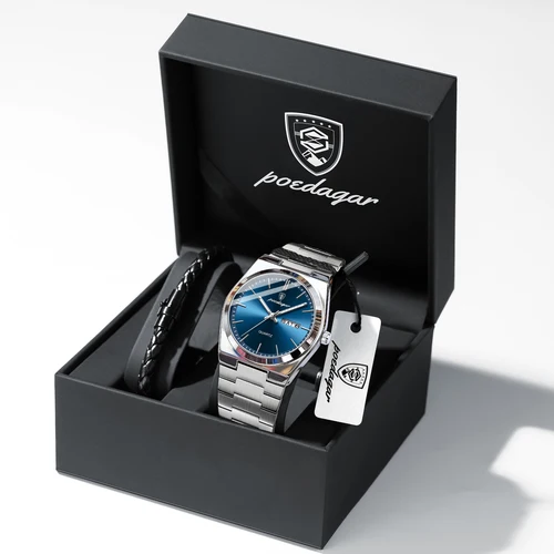 POEDAGAR, reloj de pulsera informal a la moda para hombre, resistente al agua, luminoso, con fecha y semana, relojes para hombre de negocios de cuarzo de acero inoxidable + caja