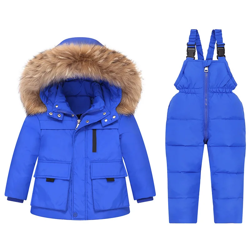 2024 Russian Winter Children Girl Clothes Set Real Raccoon Fur Down Jacket For Girl Waterproof Baby Boy Jumpsuit Kids Overalls