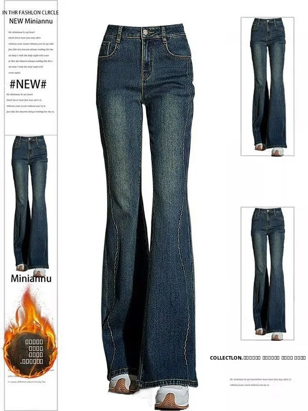 

plus Size Elastic Fleece Lined High Waist Bell Bottom Jeans Women's Vintage Style Bootcut Denim Pants Straight Loose Fit Jeans