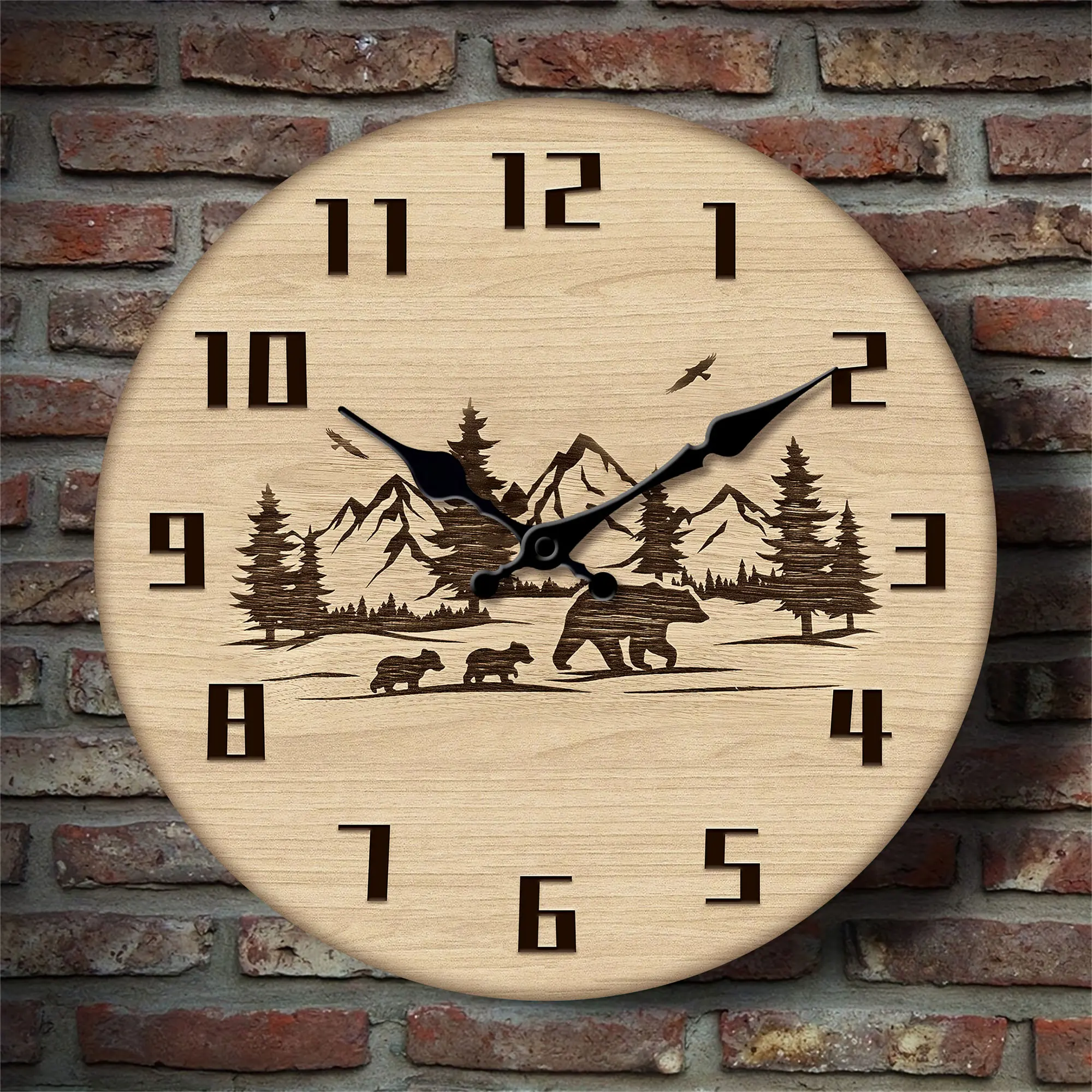 1pc Round wooden bear Wall clock, Forest Wildlife Cabin wall clock, silent clock, for living room bedroom, room decor, home deco
