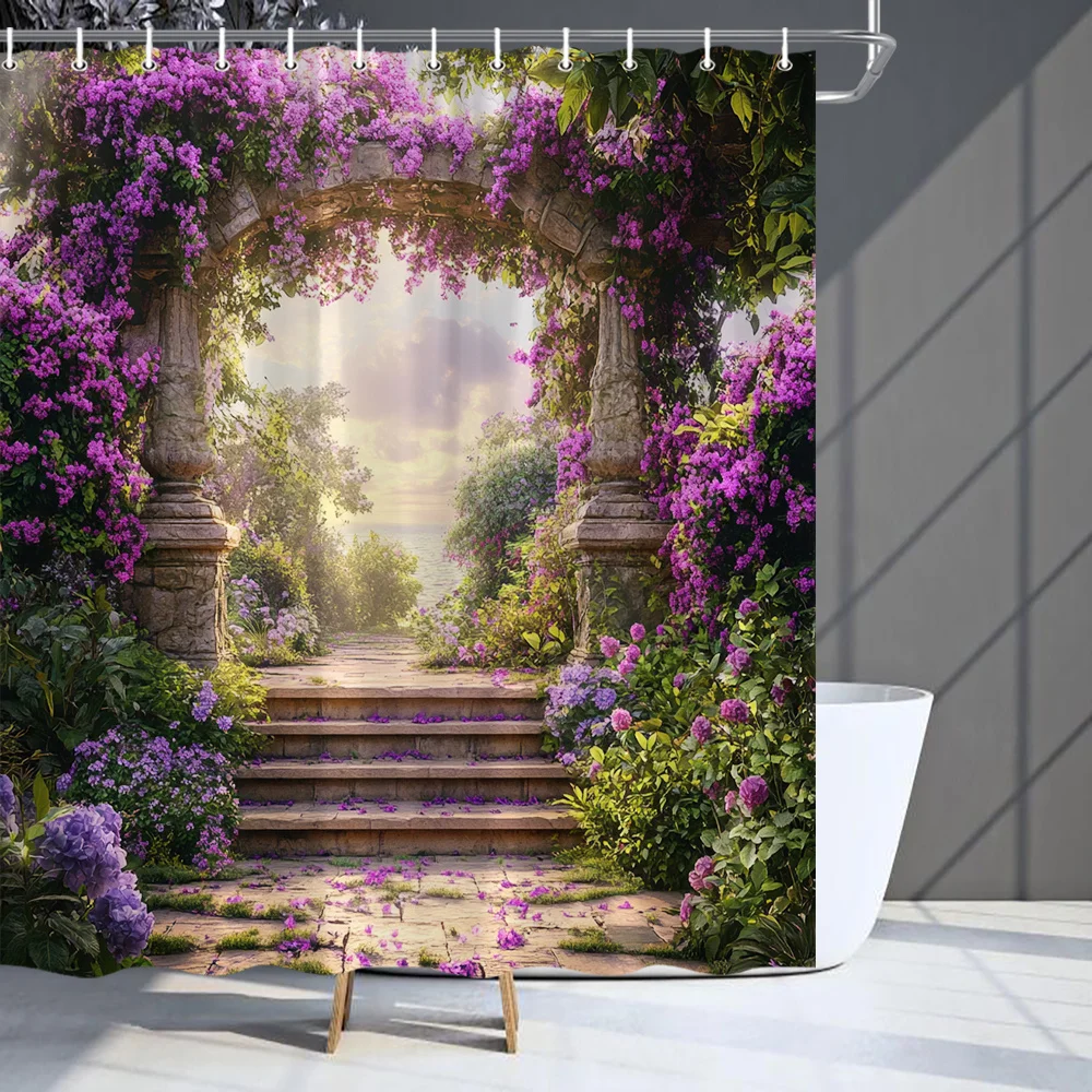 

[Фиолетовая занавеска для душа с цветочным принтом] Весенняя занавеска для душа с фиолетовым цветочным рисунком и океанским пейзажем - прочный полиэстер, легко уходить с помощью