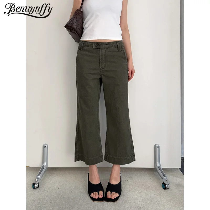 

Benuynffy Vintage Army Green Mid Waisted Jeans For Women 2026 Summer New Korean Casual All-Match Female Cropped Wide Leg Pants