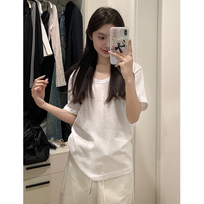 Nantao Korean Style Lazy U-Neck Short-Sleeved T-shirt Women's 2024 Spring and Summer Thin Solid Color Inner Wear Simple Slimming