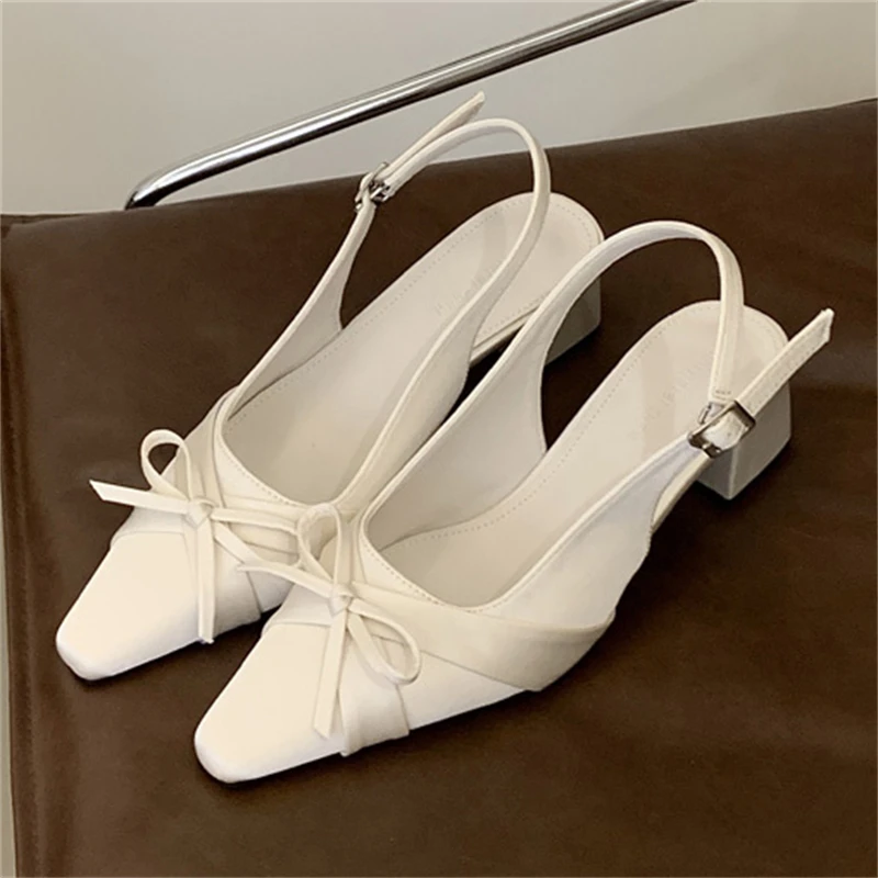 Women's Square Toe Satin Bow Decor Slingback Buckle Block Heel Pumps Elegant Office Footwear Drop Shipping Fast Ship Free Gift view 4