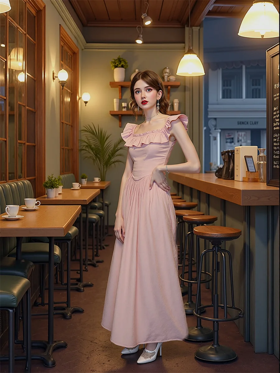 فستان نسائي وردي على طراز الأميرة على شكل حرف a متوهج على شكل دائرة متزلج كعكة واسعة متدفقة متأرجحة أنثوية جميلة حلوة