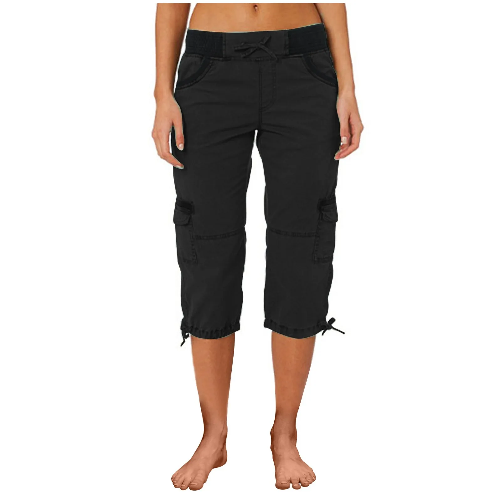 2026 Women's Summer Casual High Waist Drawstring Pocket Workwear Pants Solid Loose Wide Leg Extendable Cuffs 7-inch Pants Female