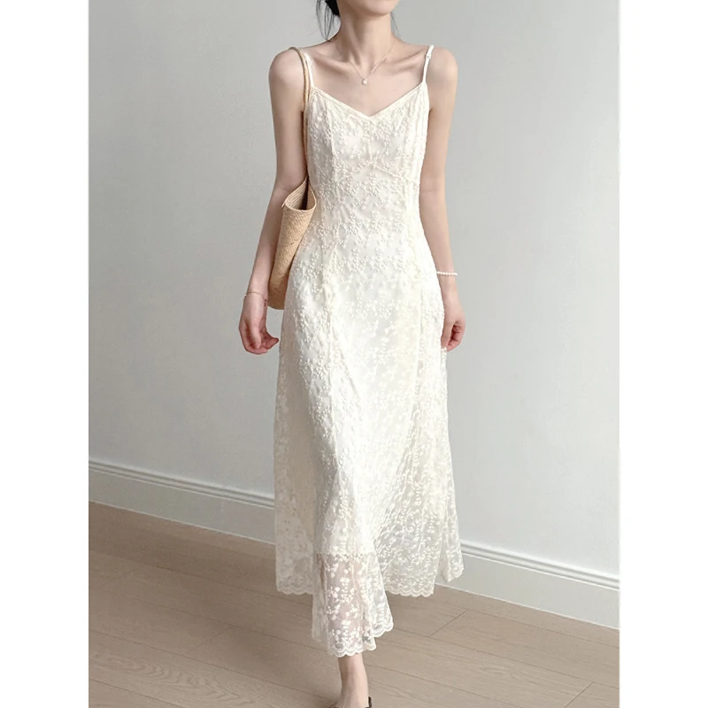 

Summer Sweet Women V Neck Lace Shoulder Straps Heavy Flower Dress Party Elegant Female Sleeveless Long Dress