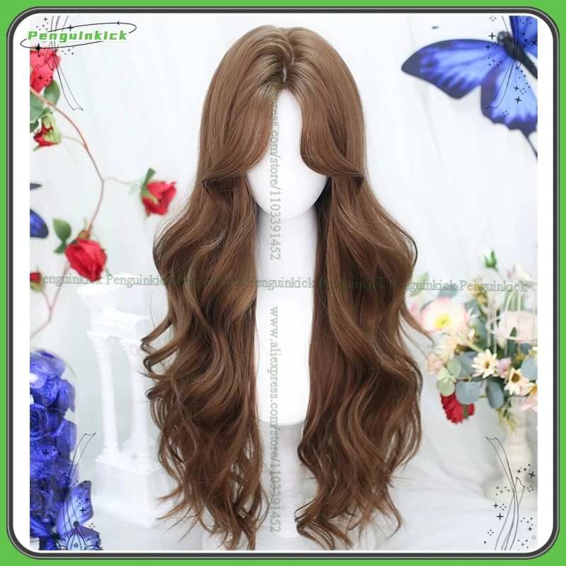 Long Wavy Synthetic Wig Middle Part Bangs Scalp Princess Chic Party Cute Pink Black Brown Curly Body Wave Heat Resistant Hair