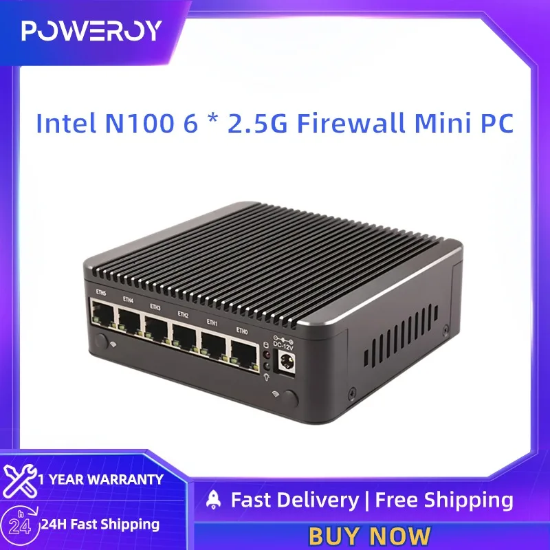 Intel N100 Firewall Mini PC 6x i226-V 2.5G Router Solid Case DDR4 NVMe 1*COM Type-C Mini Fanless Computer pfSense OPNsense ESXi