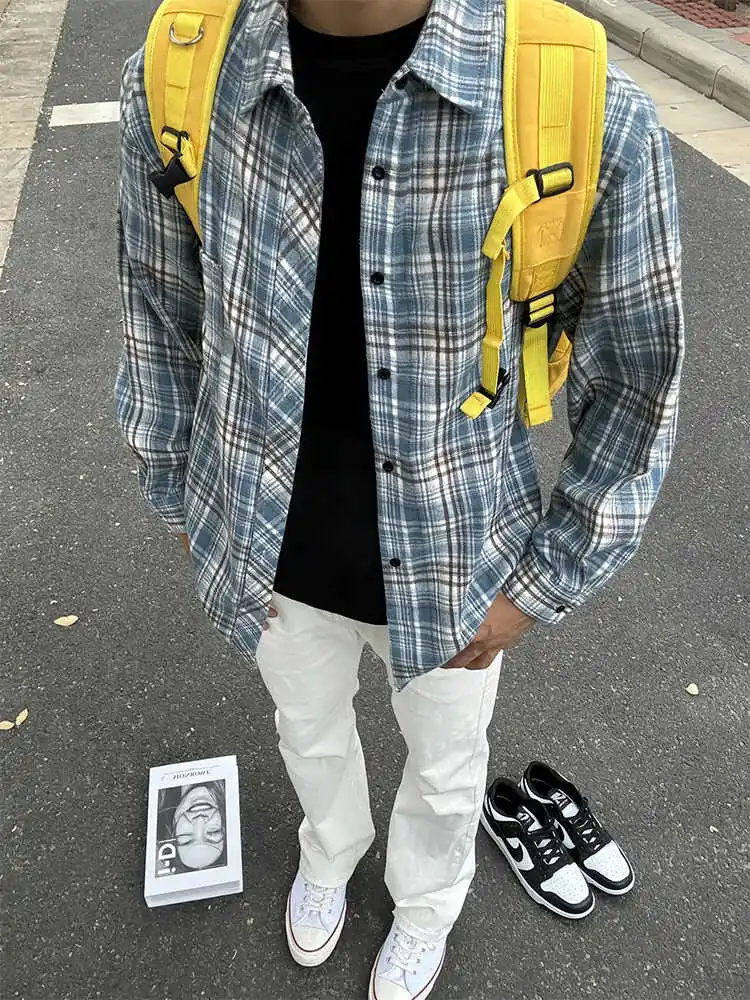 

Мужская рубашка с длинным рукавом в синюю клетку, с флисовой подкладкой, Cleanfit, верхняя одежда, весенняя модная повседневная рубашка в американском стиле, дышащая