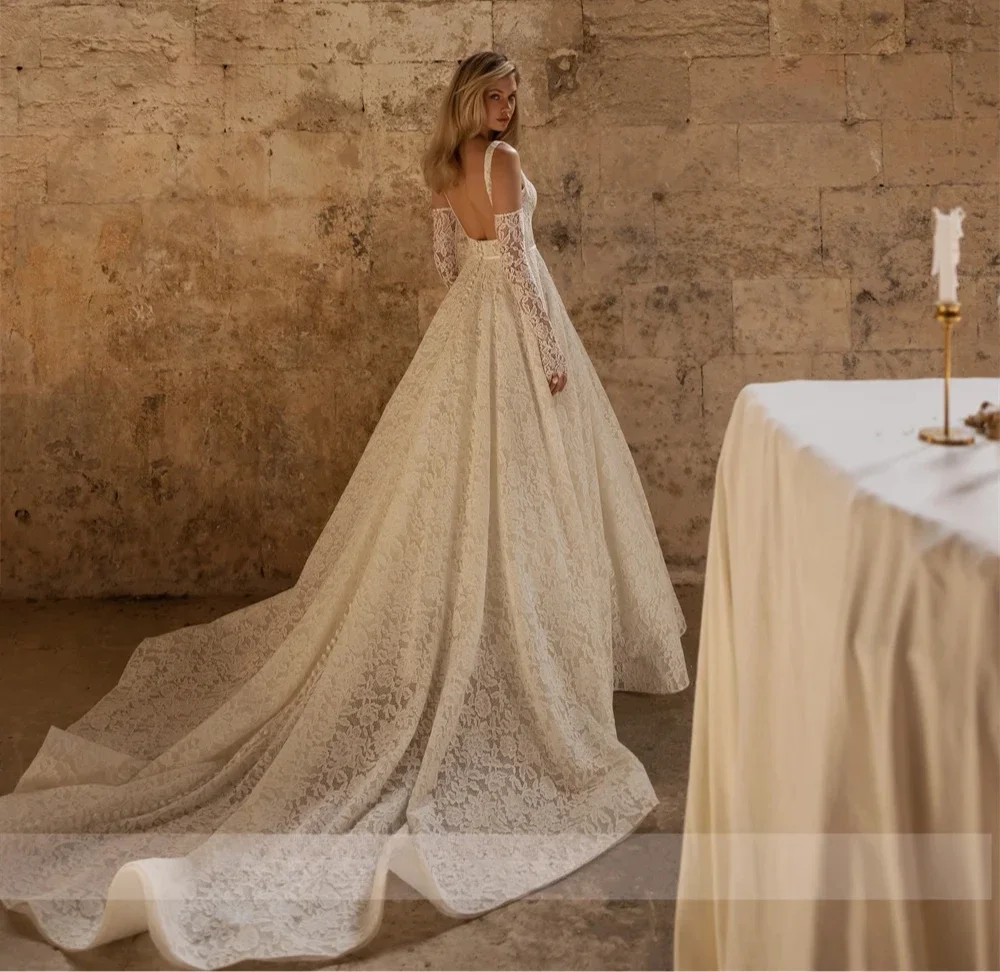 Robe de mariée princesse plissée en dentelle, élégante, col carré, bretelles, ligne a, dos nu, traîne Court, robe de soirée de mariage