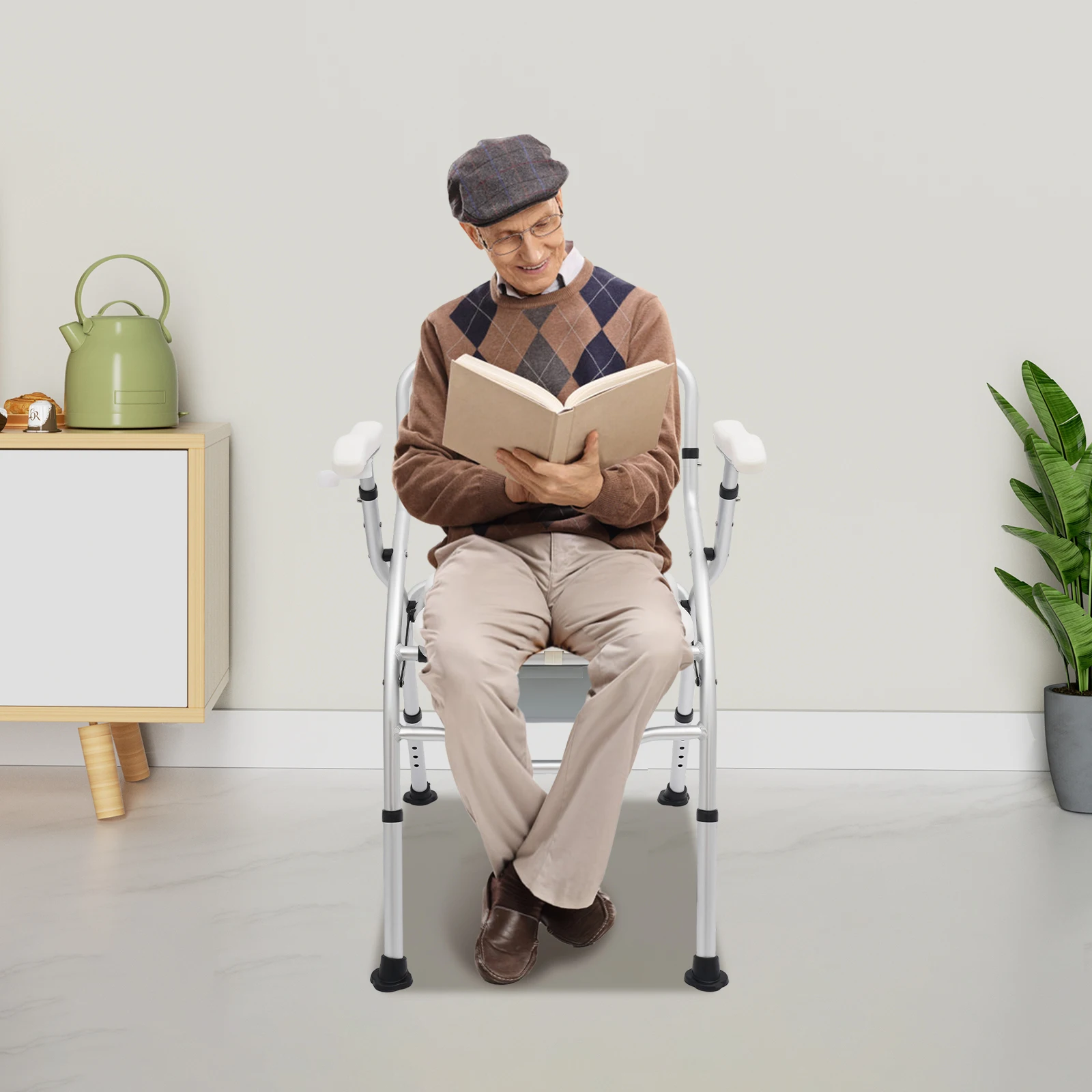 Sedia da doccia regolabile in altezza per anziani, comoda da comodino con braccioli e schienale