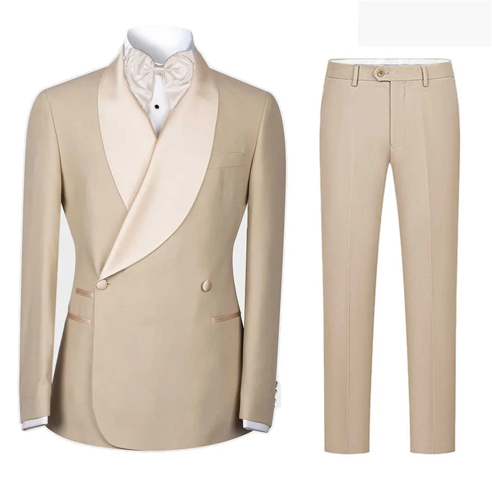 2 Pcs Beige Wedding Suits for Men Bespoke Shawl Lapel Double Breasted Blazer Groom Tuxedos Costume Mariage Homme  Jacket+Pants