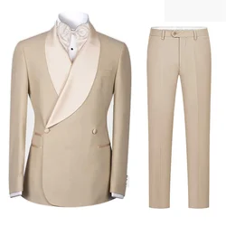 2 Pcs Beige Wedding Suits for Men Bespoke Shawl Lapel Double Breasted Blazer Groom Tuxedos Costume Mariage Homme Jacket+Pants