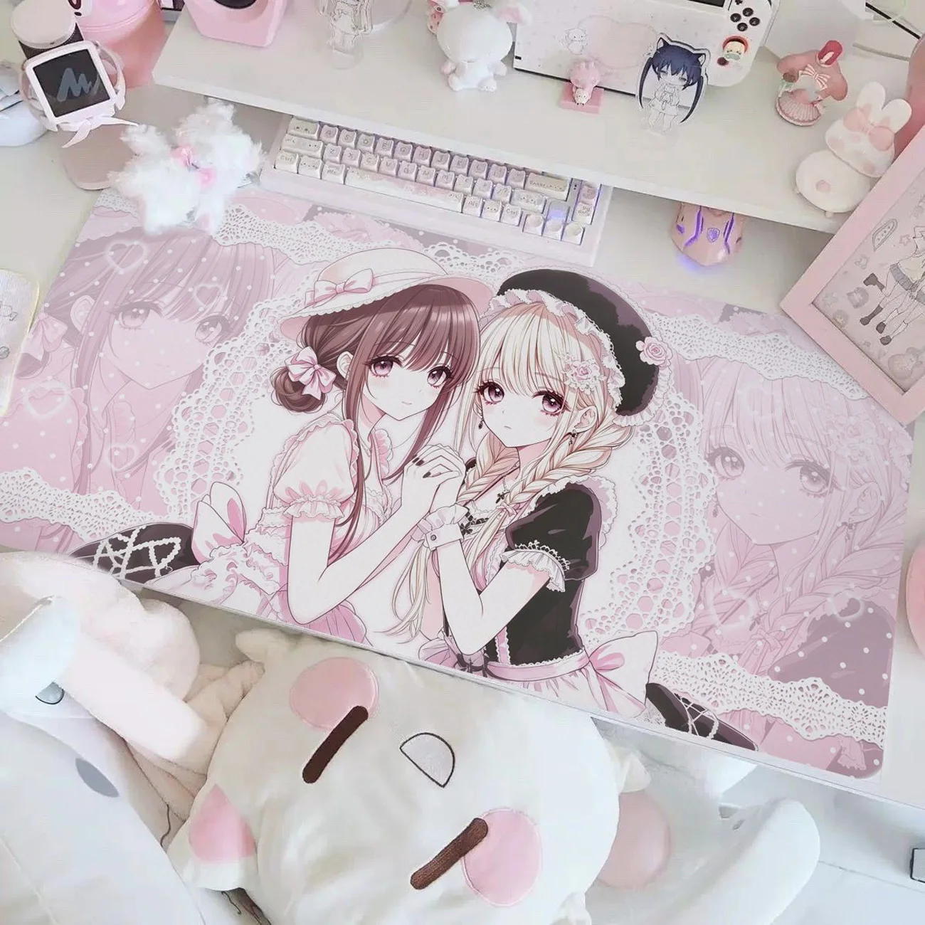 Sweet Pink Anime Girl PU Leather Desk Pad Lace Heart Pattern Waterproof Mousepad Non Slip Desktop Mat for Gaming Work Decoration