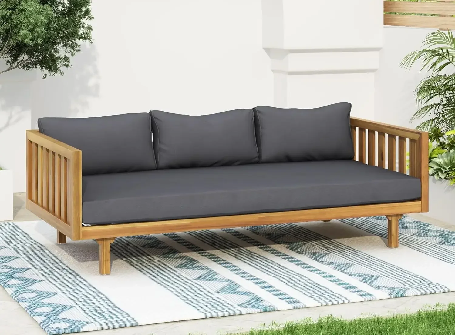 Outdoor 3 Seater Daybed, Acacia Wood Day Bed Couch Sofa with Cushions for Patio Backyard, Garden, Dark Grey + Brown