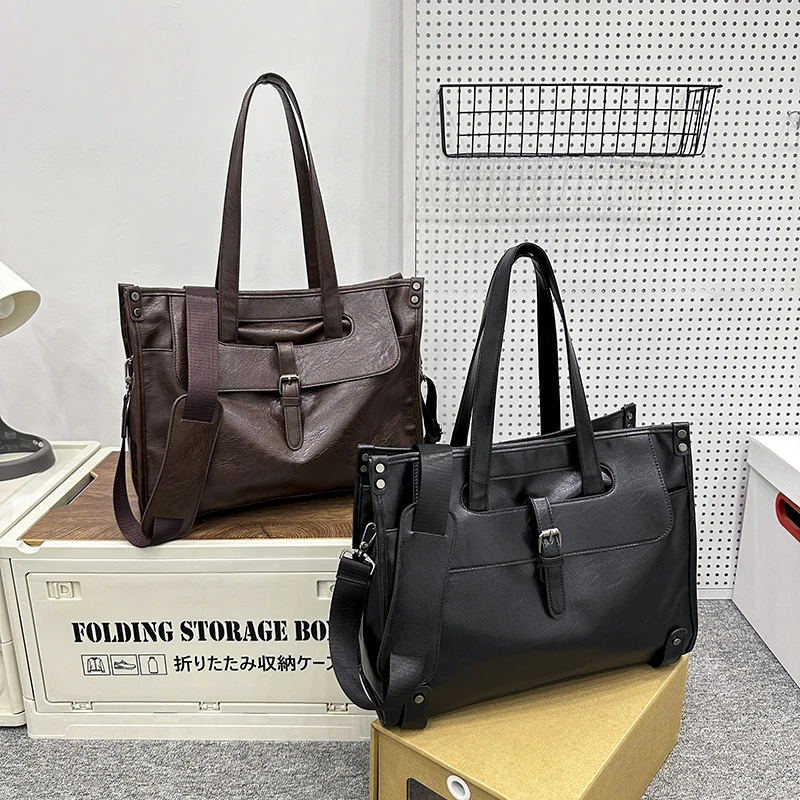 High quality men's solid color PU leather large capacity tote bag handbag briefcase laptop bag bolsos para hombre sac a main