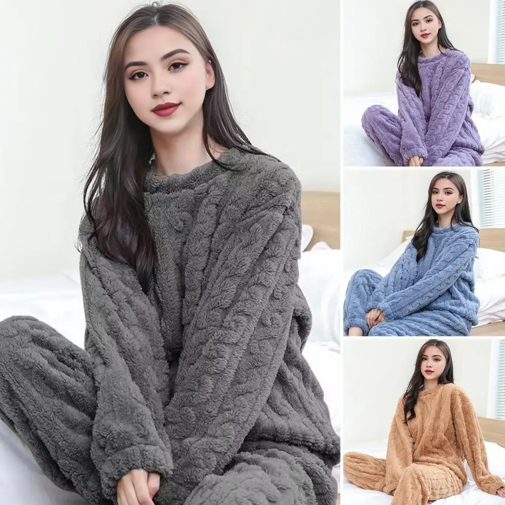 

Warm Winter Pajamas Plush Pajama Set Women’s 2 Piece Pajama Set Soft Fleece Pullover Lounge Sleepwear Warm Ribbed Plush Long