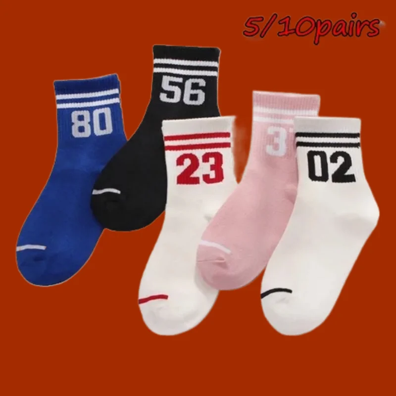 5/10 Pairs Two Bars Digital Middle Tube Socks Two Bars College Style Sports Couple High Quality 2024 New Socks Middle Tube Socks