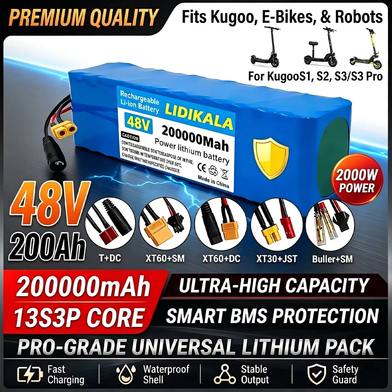 48V 200000mAh 1000W 13S3P Lithium-Batterie, Lithium-Ionen-Batteriepaket mit integriertem 20A BMS für Elektro-Scooter