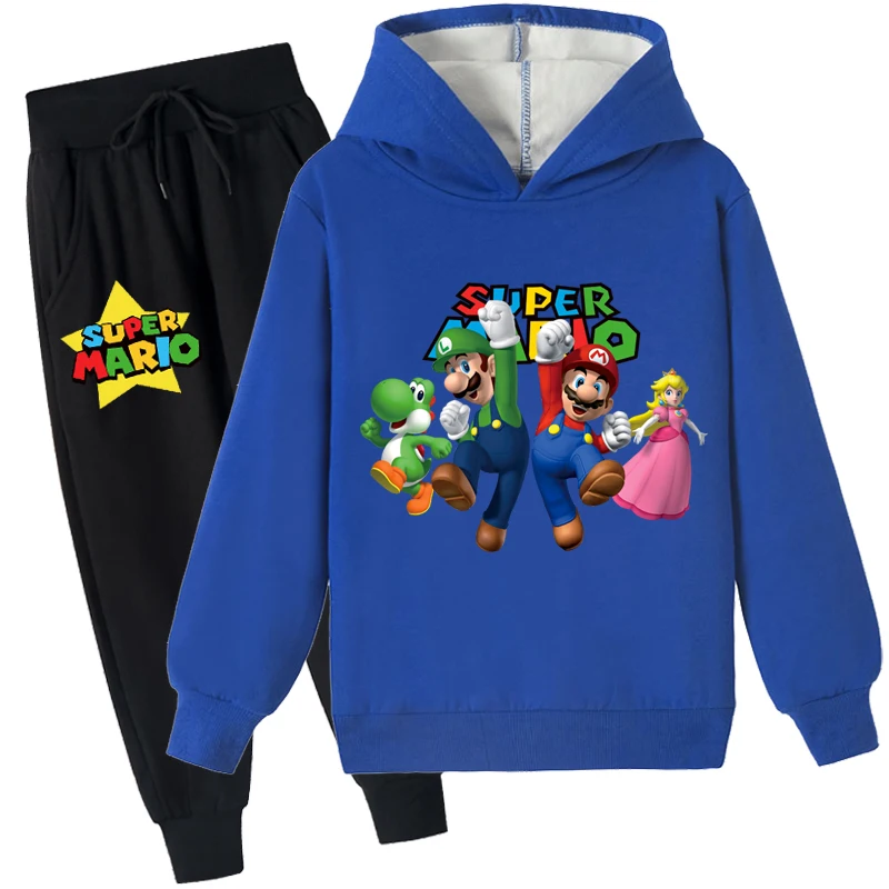 Roupas de 2 peças com capuz e calças jogger forradas de lã para jovens, moletom escovado Super Mario, tops de algodão para 2 a 14 anos