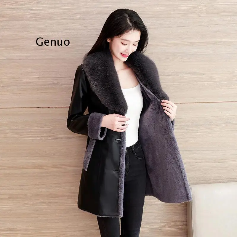 Fur Leather Jacket Women Winter Slim Antarctic Velvet Pu Fur Coat Fashion Large Wool Collar Casual Jacket