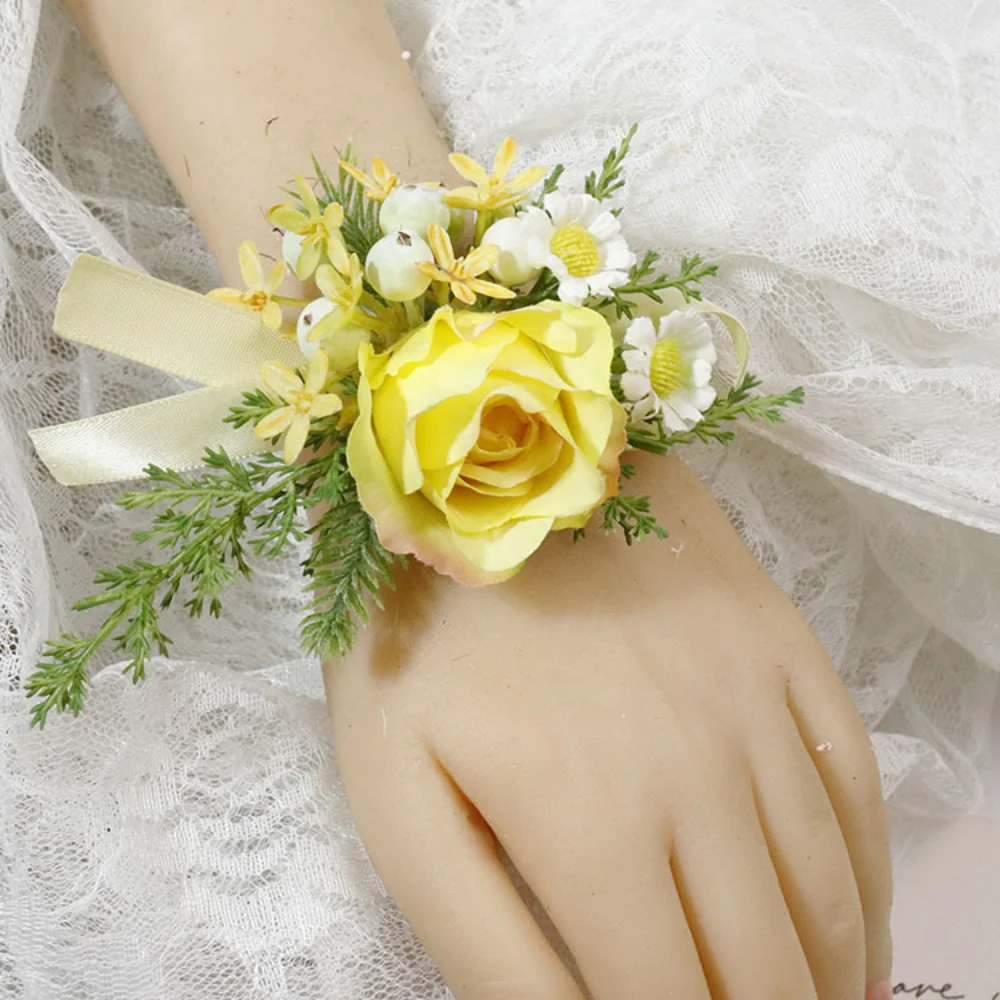 Boutonnières de fleurs jaunes faites à la main pour la mariée, épingles artificielles, injRose, corsage de demoiselle d'honneur pour la fête, décoration de mariage