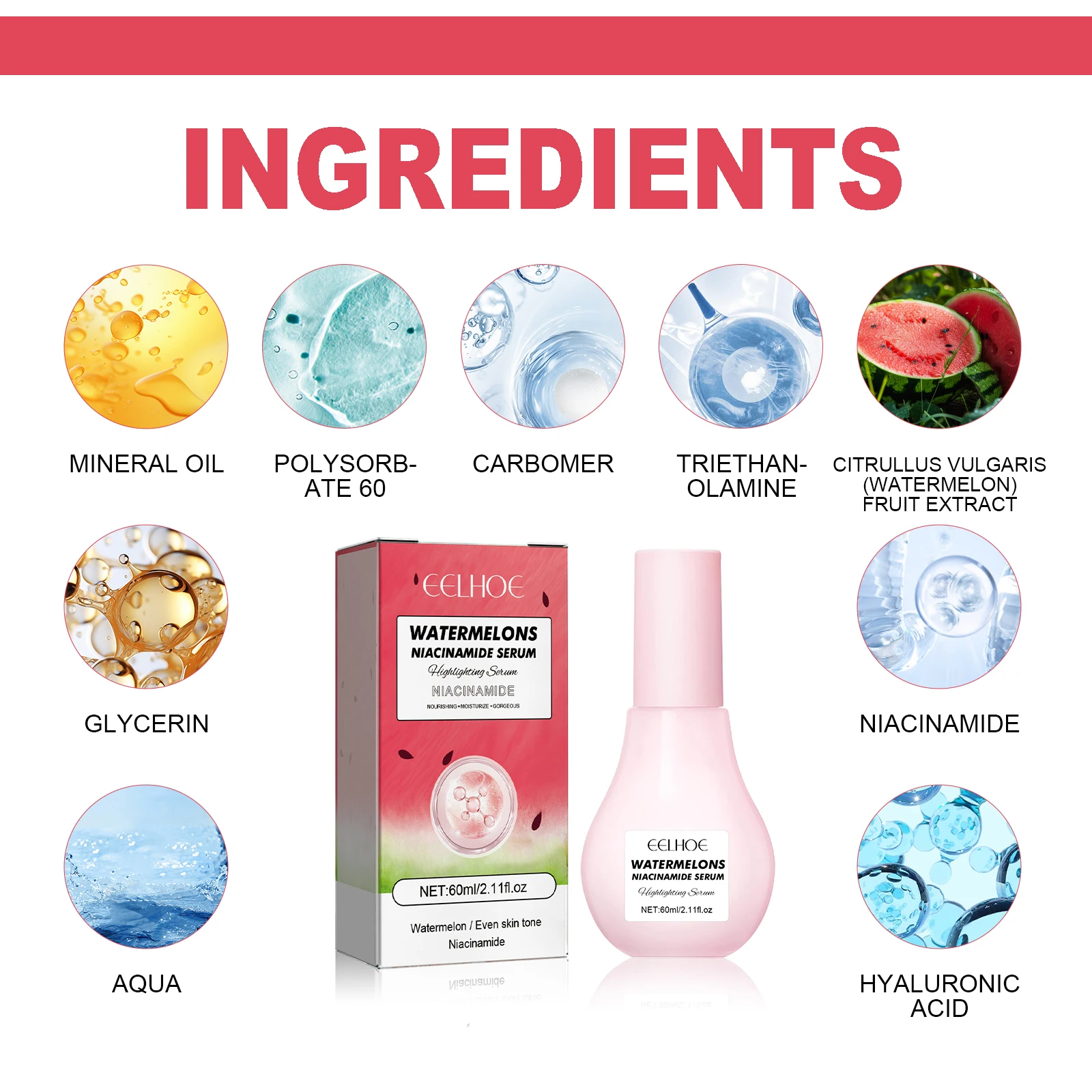 EELHOE 60ml Watermelon Facial Serum Nourish Brightening Even Skin Tone Moisturizing Acne Melanin Removal Smooth Korean Skin Care