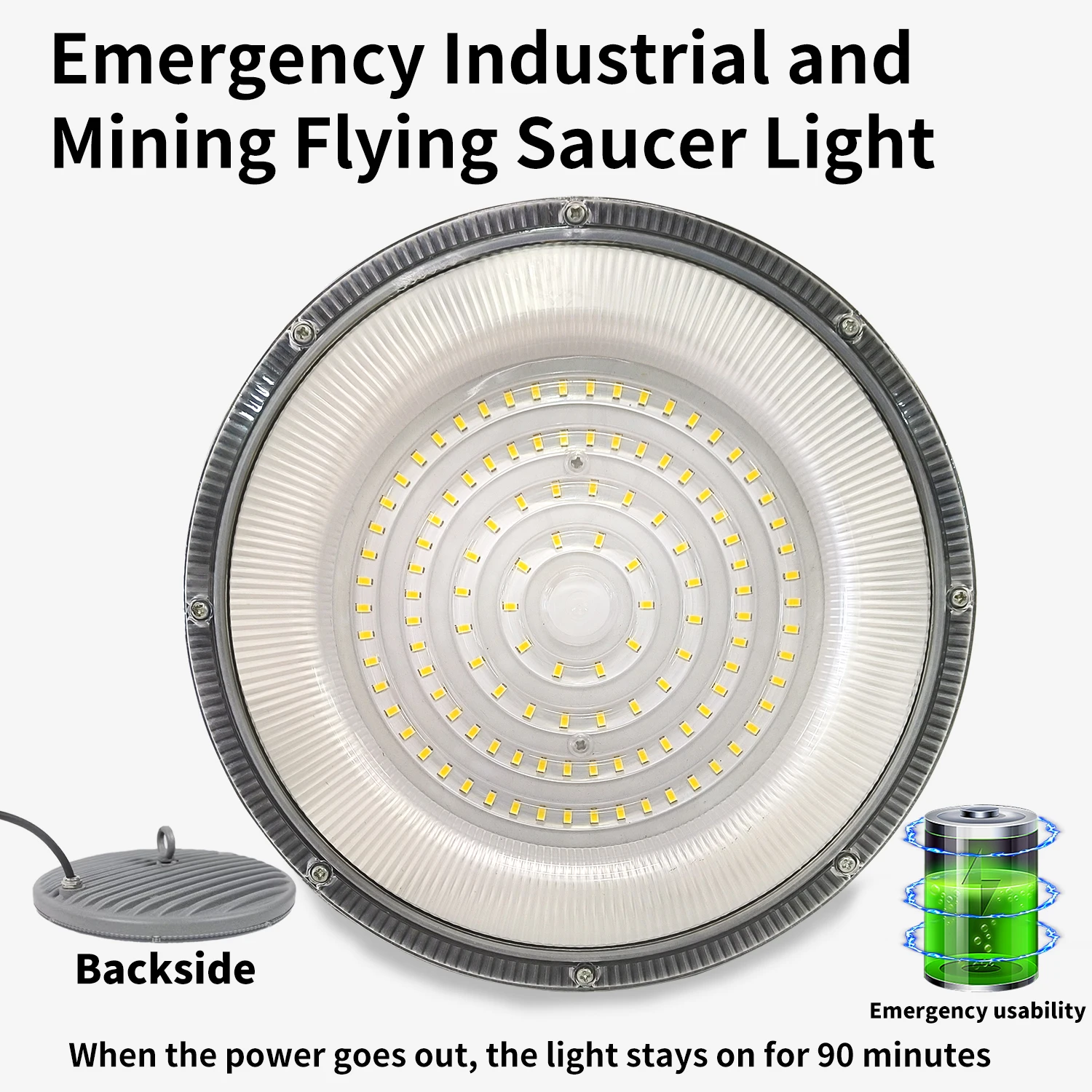 

Emergency UFO LED high bay Lights Built-in battery lasts 90 minutes Commercial Industrial Lighting Garage Lamp for Warehouse