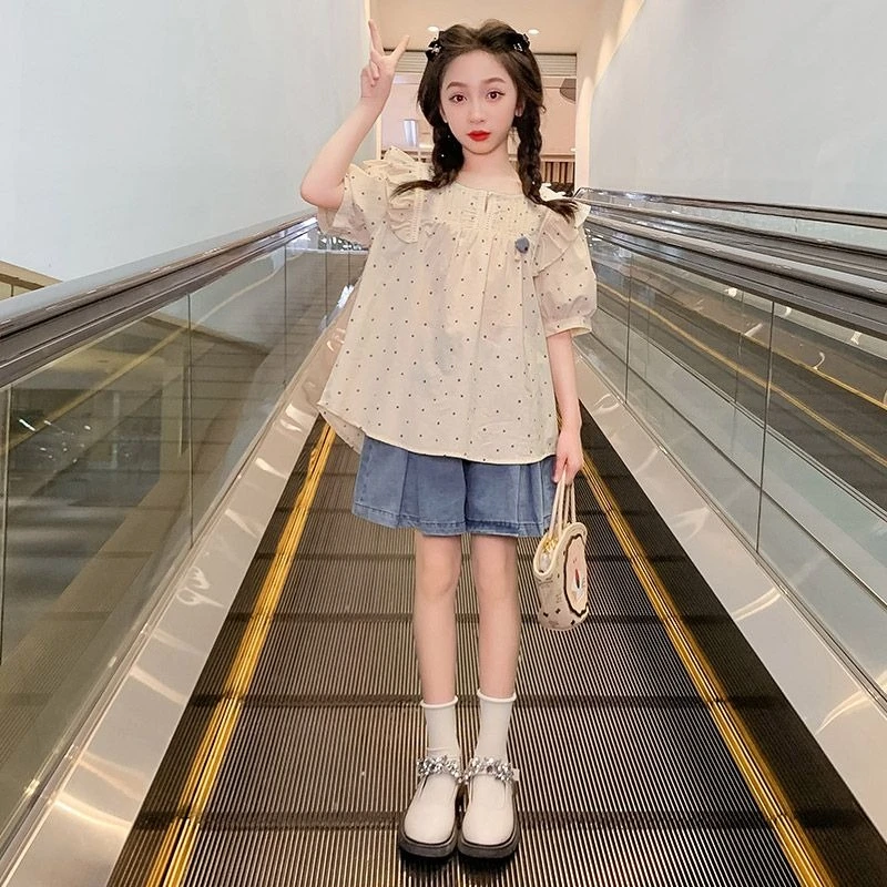 

Girls' Korean Fashion Summer Shirt Set 2026 New 2 Piece Short Sleeve Outfit for Big Kids Trendy Casual Clothing​