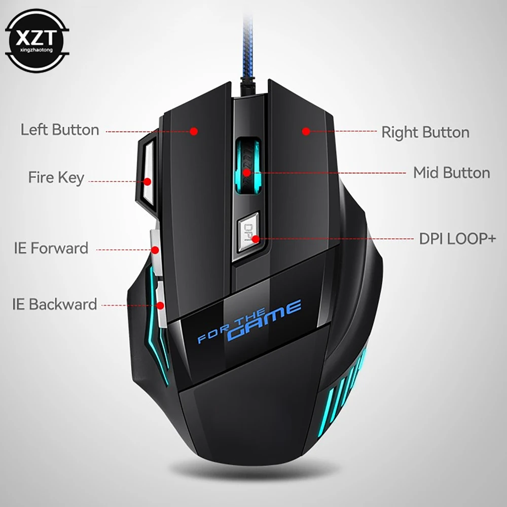 USB Wired Gaming Mouse 7 Button Backlit 5500 DPI Adjustable Black Wired Optical Computer Gaming Mice for PC Computer Desktop