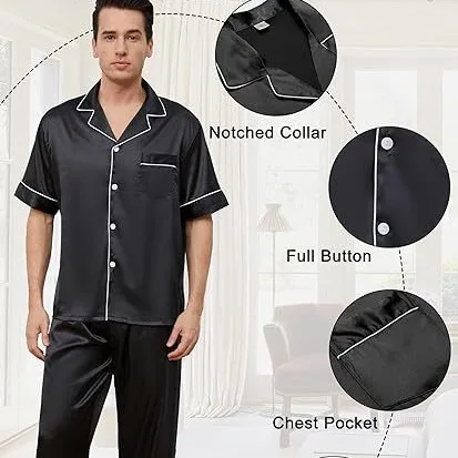 Men's Pajama Sleepwear Two Piece Set Spring Summer Short Sleeve Trouser Suits Loose Casual Ice Silk Home Clothes Lounge Wear