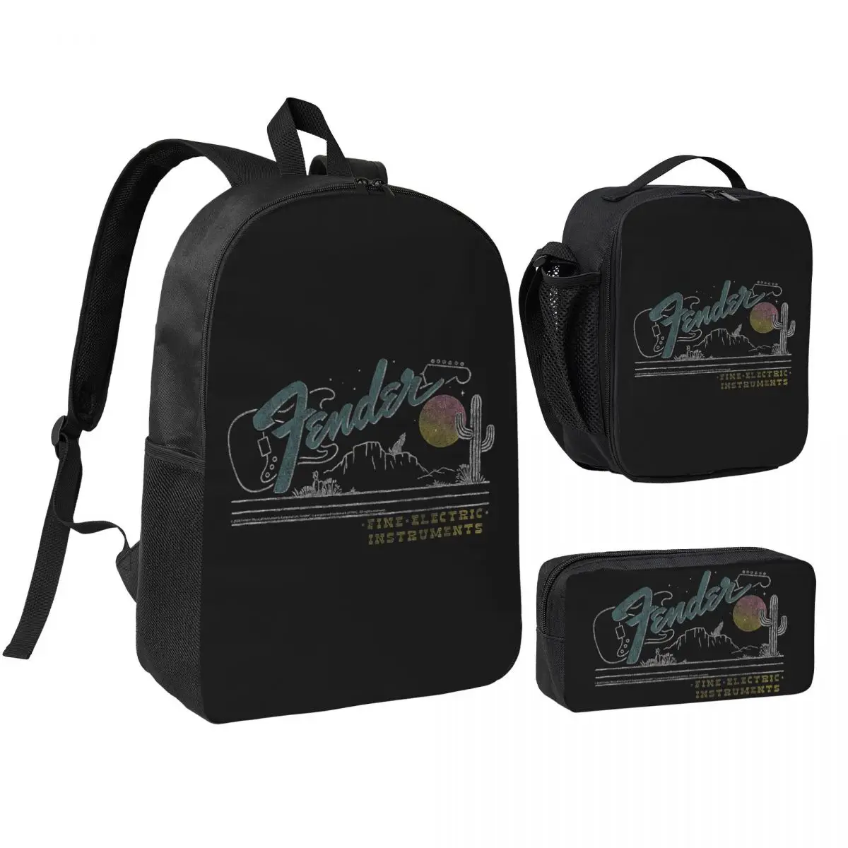 

Company 90s Jazz Fender Guitar Music Backpack Boys Girls BookBag School Bag Shoulder Bags 3ps Insulated Lunch Bag Pencil Case