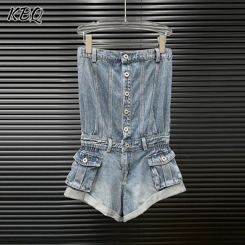 

KBQ Solid Spliced Button Slimming Jumpsuits for Women Strapless Sleeveless Patchwork Pockets High Waist Jumpsuits Female Fashion