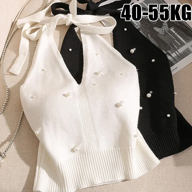Perlen-Strick-Neckholder-Top: Süßes, edles, rückenfreies, ärmelloses Designer-Statement-Oberteil für Damen-Sommerpartys