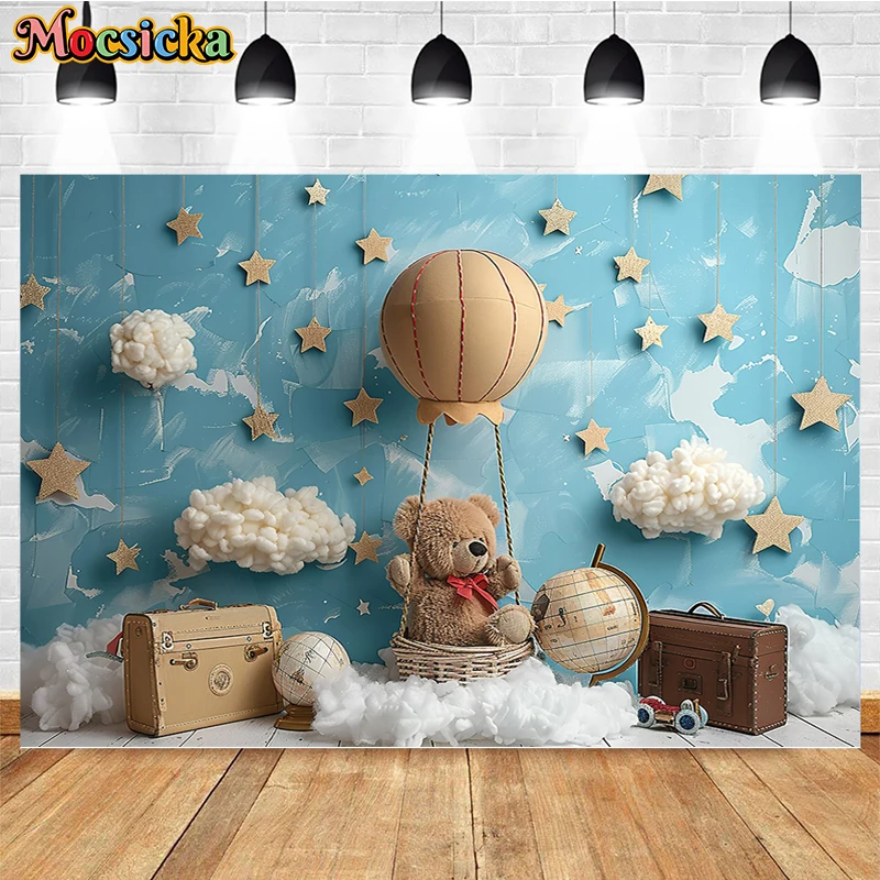 Mocsicka Photography Background Hot Air Balloon Bear Decor Cake Smash Kids Birthday Party Newborn Shower Backdrop Photo Studio