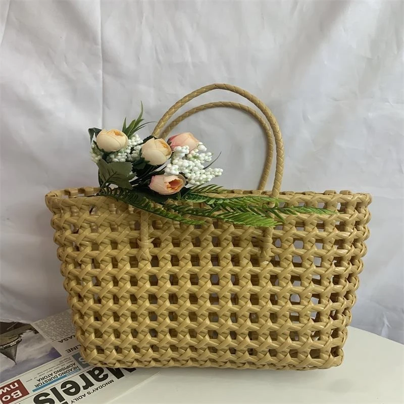 Women\'s Woven Hollow Out Bags Vegetable Basket Summer Fashion PVC Handbag Hand Woven Bag Patchwork Striped Tote Beach Bags