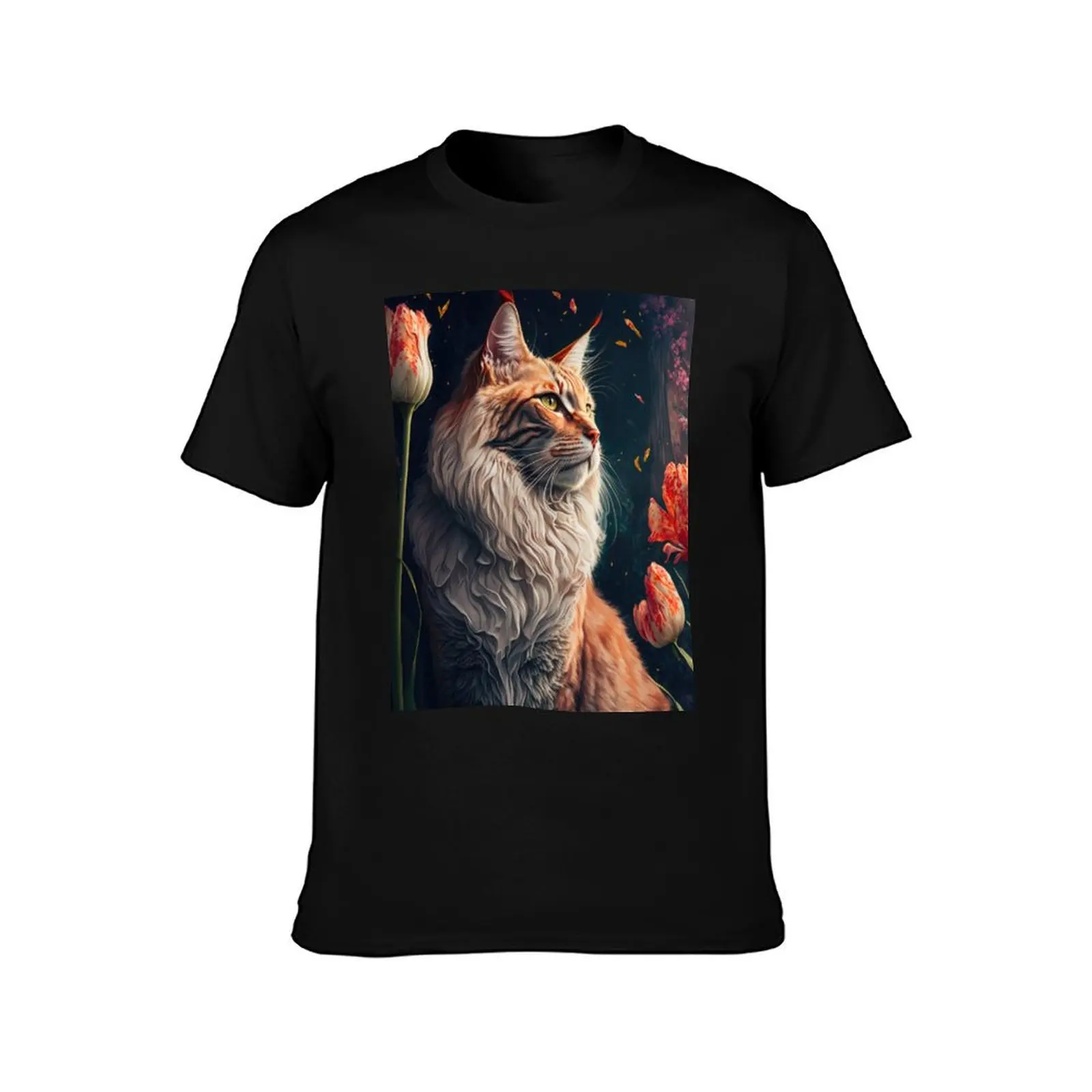 Timothy The Maine Coon Cat and the Flowers T-Shirt t shirts cotton 100% T-Shirt