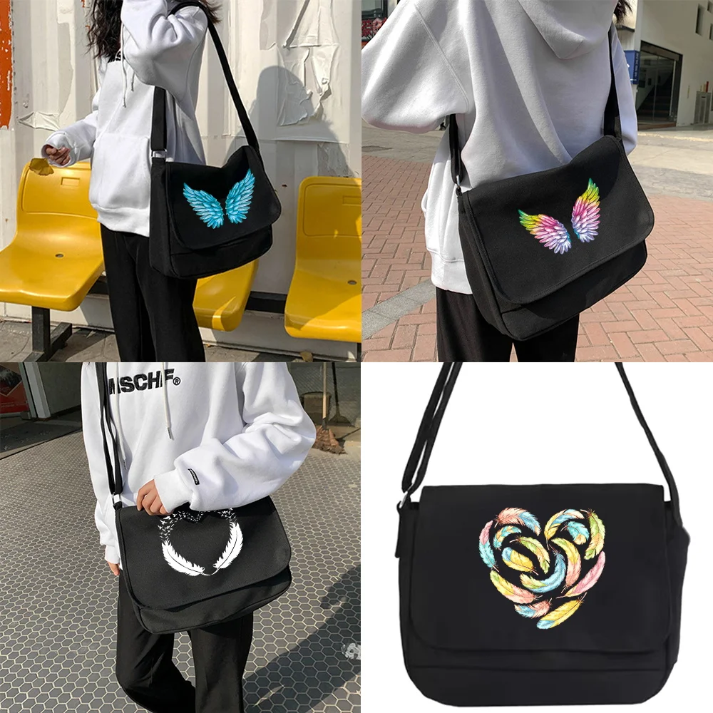 Crossbody Bag Canvas Shoulder Bags Diagonal Bag Youth Satchel Women Messenger Bags School Envelope Pouch Feather Pattern