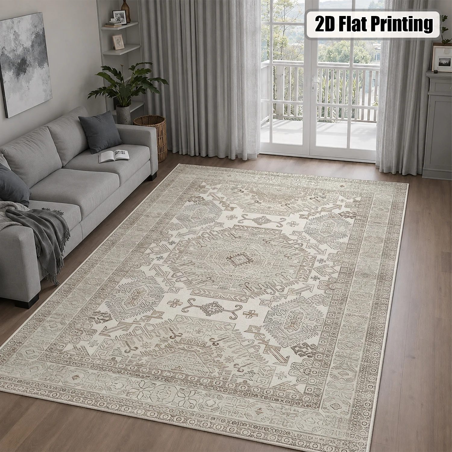 Large Indoor Area Rug, Soft Velvet Low Pile with Non-slip Dotted Backing, Machine Washable Vintage Tribal Geometric Neutral Beige Gray Rug for Living Room Bedroom - view 3