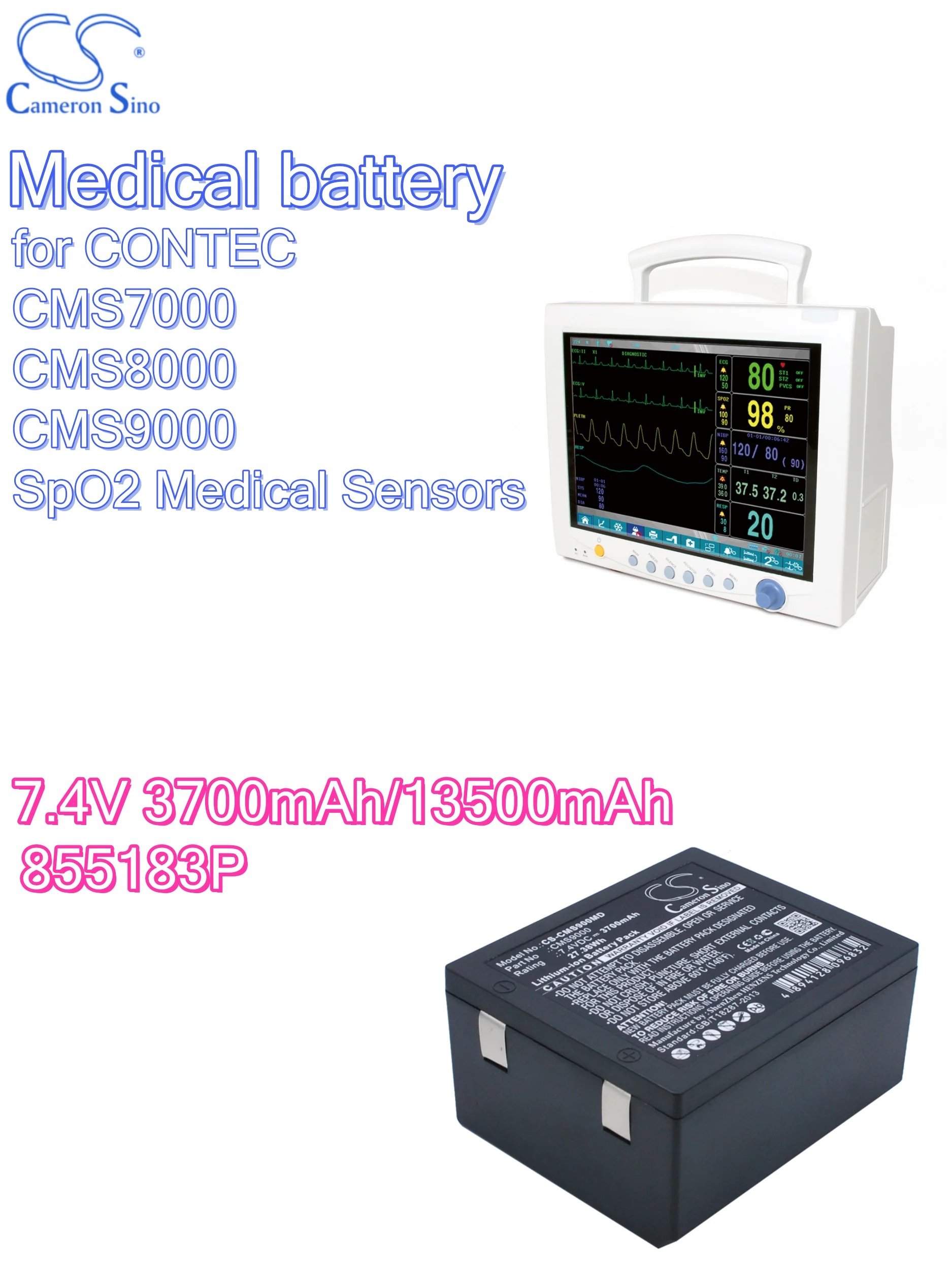 battery Cameron Sino Medical 7.4V 3700mAh/13500mAh for CONTEC  CMS7000 CMS8000 CMS9000  SpO2 Medical Sensors CS-CMS900MD