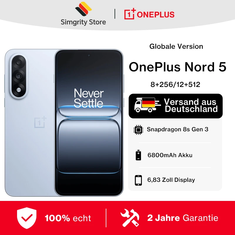 Smartphone OnePlus Nord 5 8 Go + 256 Go/12 Go + 512 Go, cran AMOLED 1,5K (FHD+) de 6,83 pouces, 2800 x 1272, Snapdragon 8s Gen 3, Android 15, appareil photo 50 Mpx OIS+EIS, batterie 6800 mAh, 80 W, Wi-Fi 6, Bluetooth 5.4, NFC, GPS