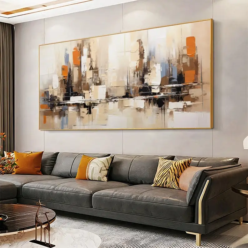 

100% Handmade Neutral Abstract Textured Oil Painting Frameless Modern Yellow Canvas Oil Artworks for Living Room Wall Decortions