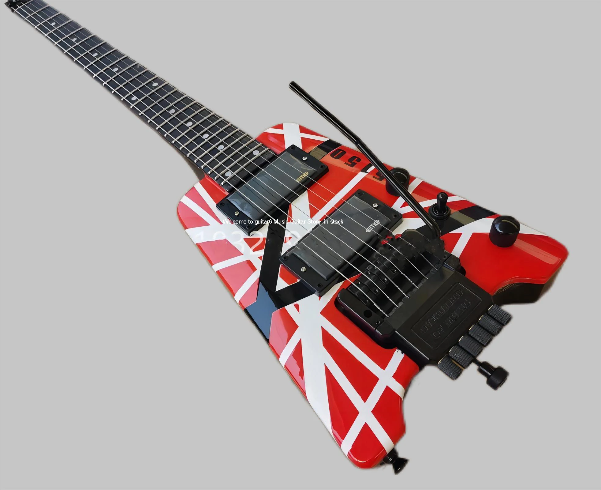 Clearance 5150 Red White Black Strips Headless electric guitar EddieEdward VanHalen EMG Pickups Tremolo Bridge Black hardware